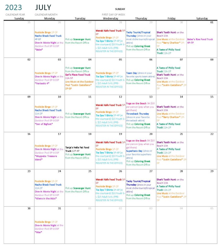 July Activities Calendar