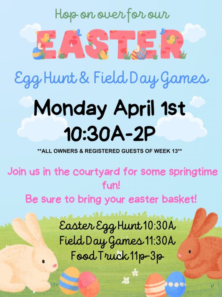 Hop on over for our Easter Egg Hunt & Field Day Games! Monday, April 1st - 10:30 AM to 2:00 PM
